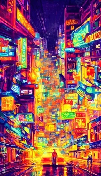 Fototapeta I'm walking down the city street at night and I see a colorful neon sign. The bright lights are shining in my eyes, and I can hear the sound of traffic in the distance.
