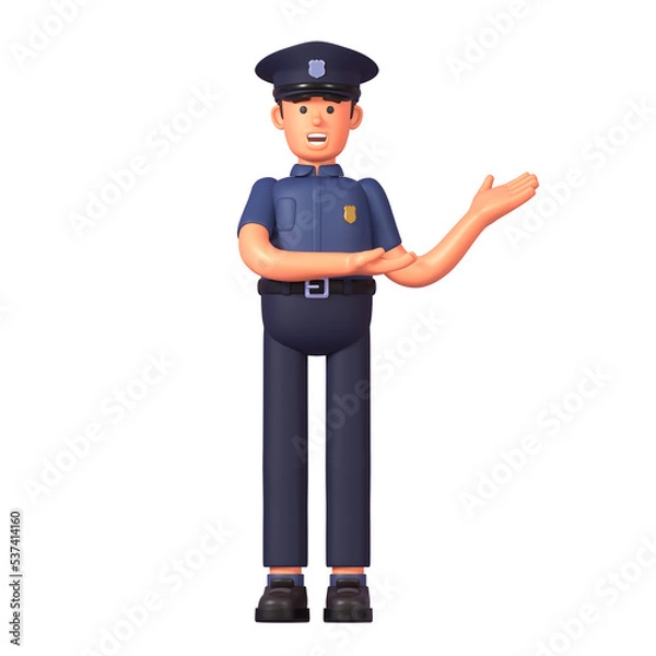 Fototapeta 3d render of police officer pointing to side, presentation