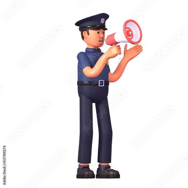 Obraz 3d render of police officer holding megaphone, making speech, announcement