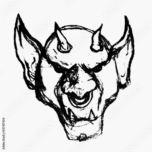 Fototapeta Drawing of the face of an angry gargoyle.  Ink drawing of a demon's head. Sketch of a monster. Illustration with halloween theme. Graphic resource for posters, digital art, stickers, wallpapers. 