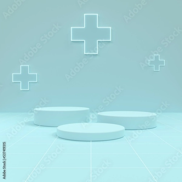 Obraz Minimalism cylindrical product display podium with glow medical cross or plus symbol health care 3D rendering illustration