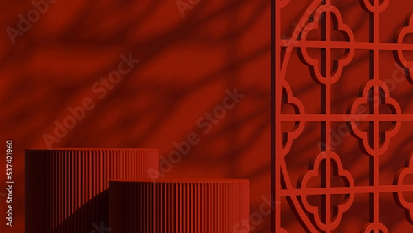 Fototapeta 3d product background. Red chinese style podium and light shadow concept for product and branding presentation. 3d rendering illustration.