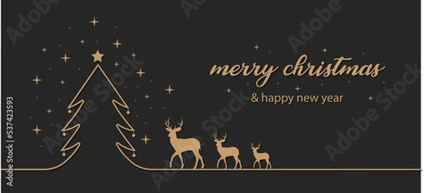 Obraz christmas and new year background with christmas tree outline and golden color reindeer