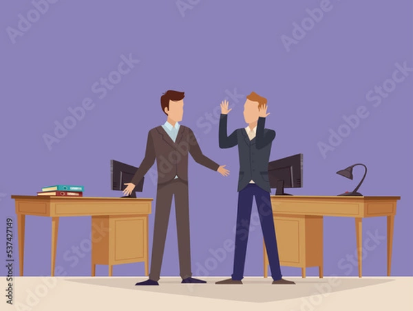Fototapeta Two officer quarreling and conflict between two person. Two suited officer shouting and a quarrel is occurred. Boss shouting to employee and blaming at office. Computer angry behind officers.
