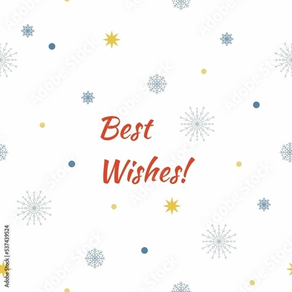 Fototapeta Raster Christmas seamless pattern. Set of hand drawn snowflakes, gold stars, sparkles and handwritten words Best Whishes. Wrapping paper for New Year gift. Snowflakes on white background.