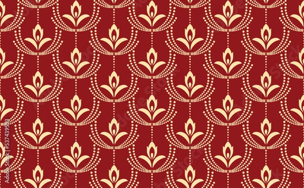 Obraz Flower geometric pattern. Seamless vector background. Gold and red ornament. Ornament for fabric, wallpaper, packaging. Decorative print