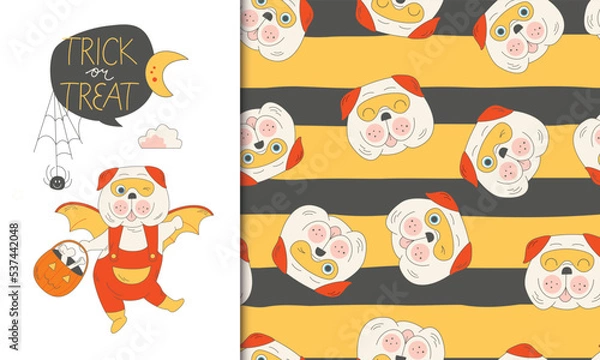 Obraz Greeting card and seamless pattern of Halloween vector cute cartoon pug puppy wearing bat costume illustrations. Trick or treat invitation Happy Halloween holiday card template. Pattern swatch.