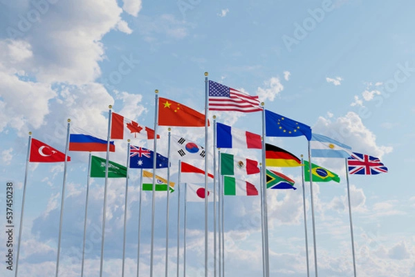 Fototapeta G20 flag summit Silk waving flags countries of members Group of Twenty political 2022 world leaders unity meeting G 20 organization with flagpole on background blue sky with clouds