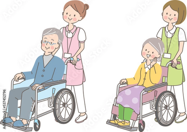 Obraz 車椅子のシニア男女を介助する若い女性介護士