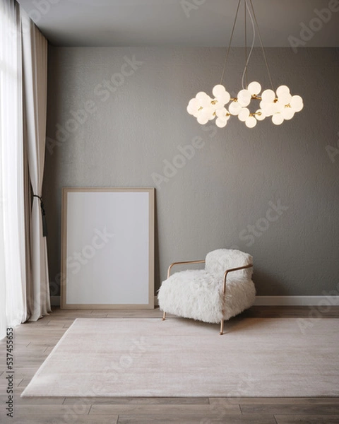 Fototapeta 3d rendering of mock up interior design with white fur armchair