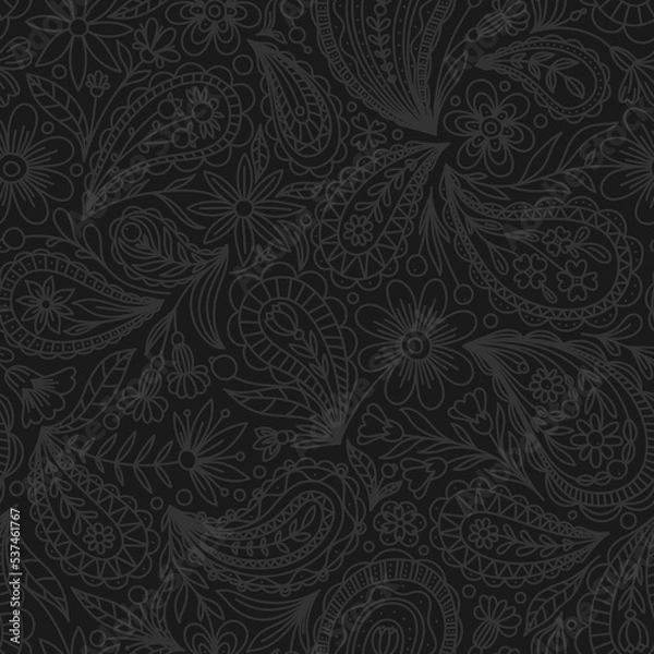 Fototapeta BLACK VECTOR SEAMLESS BACKGROUND WITH GRAY PAISLEY CONTOUR PATTERN