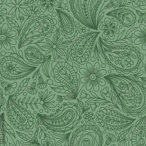 Fototapeta LIGHT GREEN VECTOR SEAMLESS BACKGROUND WITH GREEN PAISLEY CONTOUR PATTERN