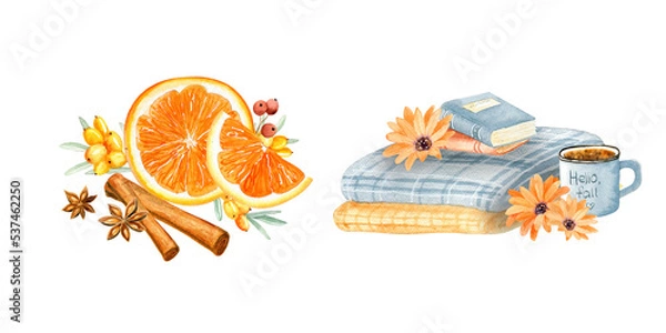 Fototapeta Watercolor autumn cozy blanket with books and cup of coffee. Orange citrus with cinnamon and star anise