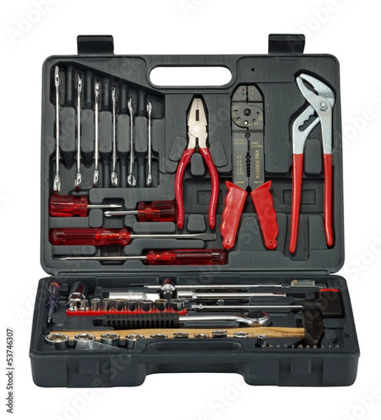 Fototapeta Black toolbox with different instruments isolated on white