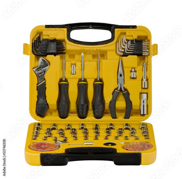 Fototapeta Toolbox with different instruments isolated on white