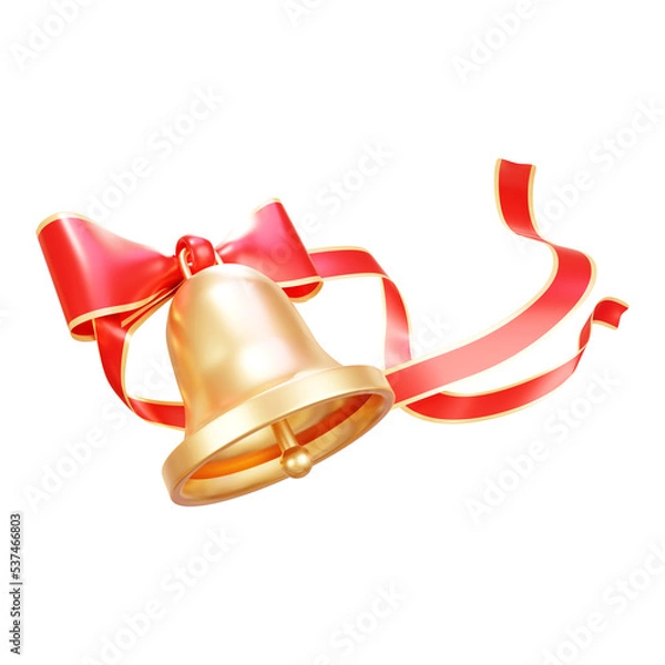 Fototapeta Golden bell with red bow 3d rendering illustration