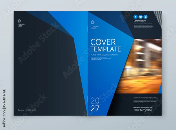 Fototapeta Brochure template layout design. Corporate business annual report, catalog, magazine mockup. Layout with modern blue elements and urban style photo. Creative poster, booklet, flyer or banner concept