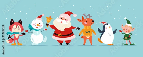 Fototapeta Merry Christmas concept with Santa Claus and winter animals stand together. Vector flat Christmas illustration. For banner, card, package.
