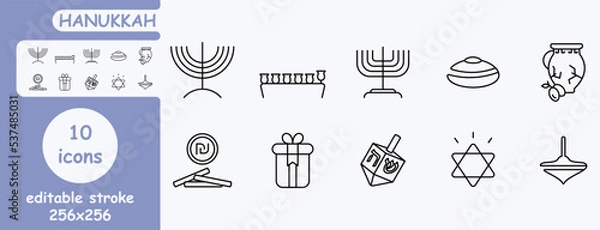 Obraz hanukkah outline icons set. icons for web browser. icons: donut, dreidel, magen david and others.