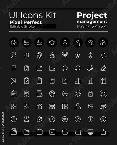 Obraz Project management pixel perfect white linear ui icons kit for dark theme. Isolated user interface symbols for night mode. Vector line pictograms. Editable stroke. Poppins font used