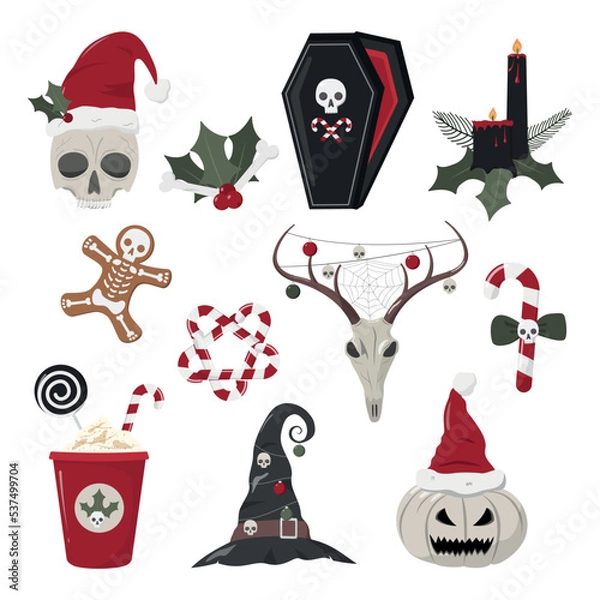 Obraz Scary Christmas elements collection. Hand drawn gothic skulls, pumpkin, candies, and others. Spooky vector illustrations. Isolated on white background.