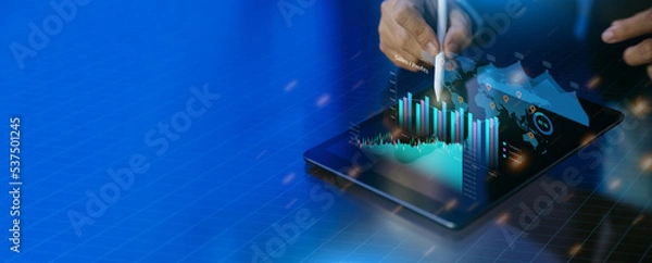 Fototapeta Business analysis big data screen and economic growth with financial graph. Concept of virtual fintech dashboard technology digital marketing and global economy. 3D illustration banner.
