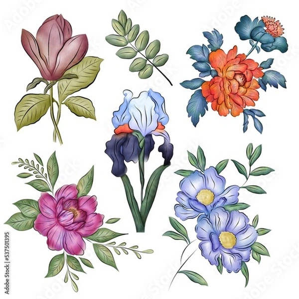 Obraz Collection of watercolor isolated flowers on a white background. Separate element for bouquets, wreaths, wedding invitations, anniversaries, birthdays, cards and congratulations.