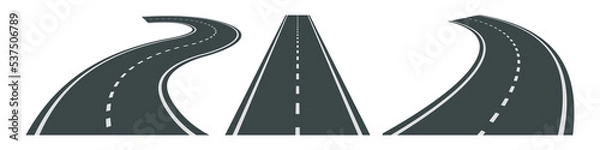 Obraz Vector illustration of bending roads with white markings isolated on white background. Set of asphalt roads in perspective view. Collection of empty straight and curved highways.