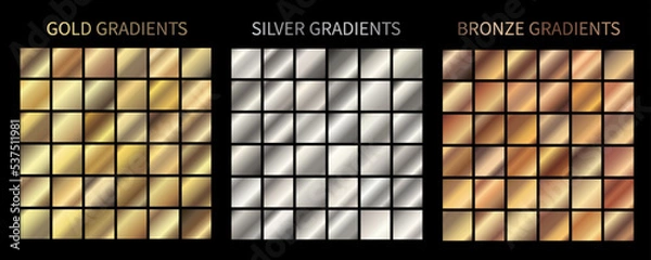 Obraz Gold, silver, bronze gradients vector. Metallic gradients set of vector color swatches. For Christmas cards, banners, fonts, New Year Eve party flyers, invitation design, medal, ribbon, certificate