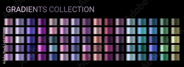 Obraz Gradients vector set. Vector neon chrome metal texture surface background swatch template. Metallic and chromium shade combination. Purple, lilac, violet neon chromium shades. Bright vibrant colors