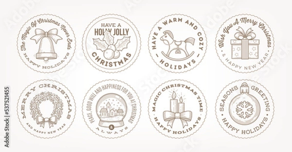 Fototapeta Decorative line art frame with christmas greetings and symbols. Vector illustration. Holiday stamp with christmas objects.