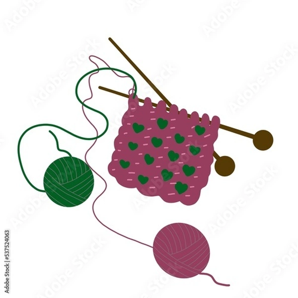 Fototapeta knitting needles and wool pattern on fabric