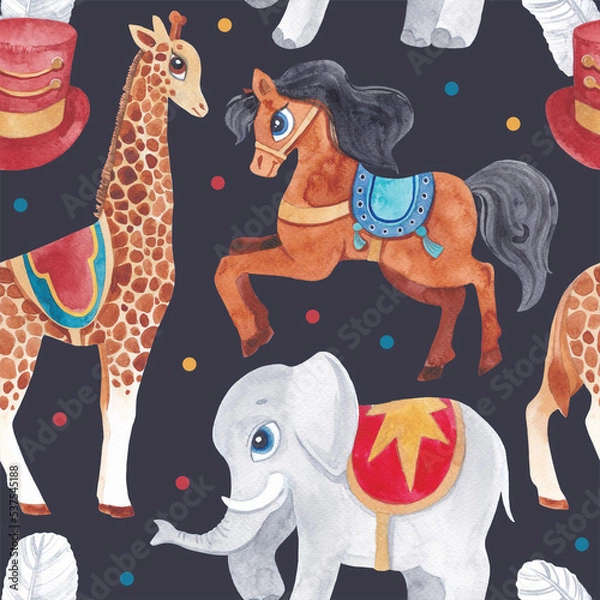 Obraz Fantasy vintage circus watercolor patterns with circus animals