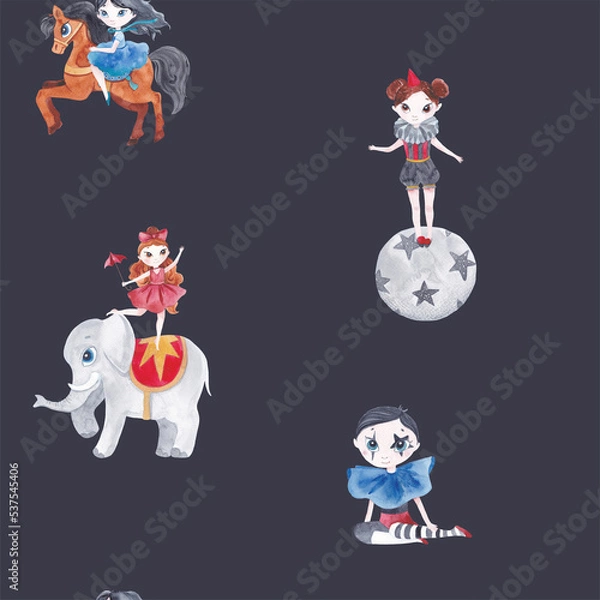 Obraz Fantasy vintage circus watercolor patterns with artists and animals 
