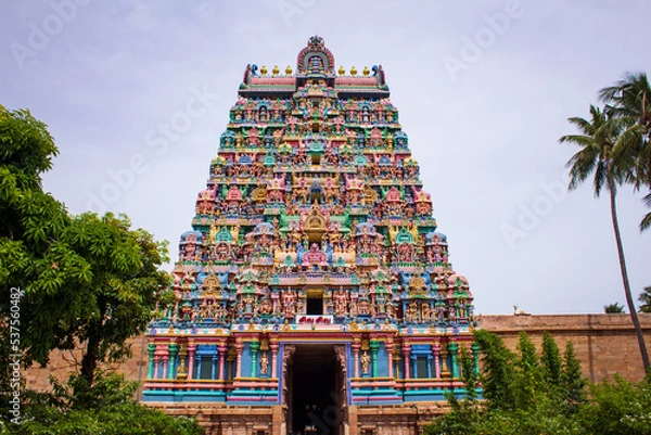 Fototapeta View of the main entrance tower of Jambukeswarar Temple, Thiruvanaikaval which represent element of water. Focus set on temple tower.