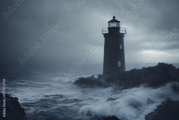 Fototapeta A lighthouse lashed by waves during a storm.