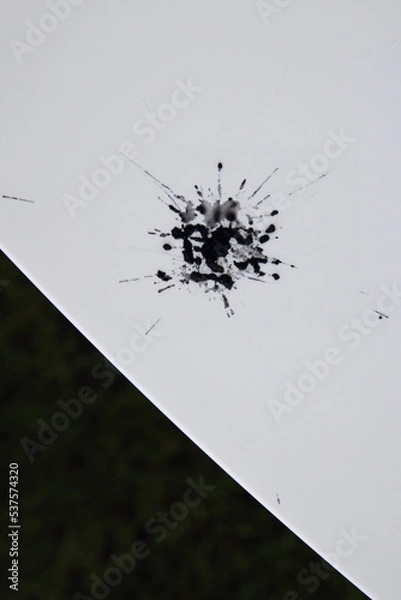 Fototapeta Artistic abstract dark bird poop on the white table. Minimalist illustration photo of droppings.
