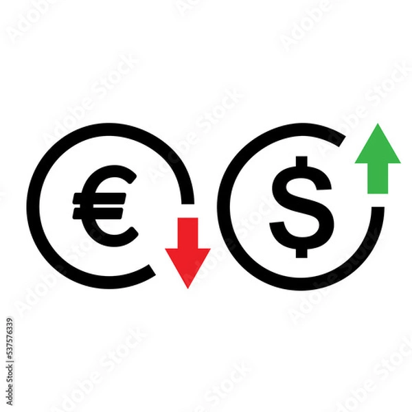 Fototapeta Dollar growth,Euro decline illustration.with red down and green up arrow, stock market display numbers in background. Vector illustration