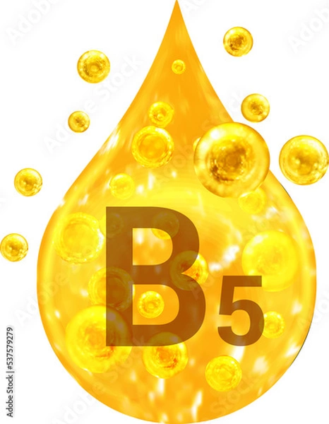 Fototapeta Drop with golden liquid and bubbles. Vitamin B5.
