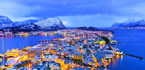 Obraz View of Alesund, Norway at night in winter.