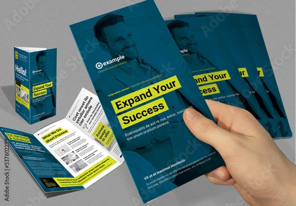 Fototapeta Tri-Fold Brochure in White and Dark Blue with Lime Accents