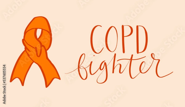 Fototapeta COPD chronic obstructive pulmonary disease awareness month Novermber handwritten lettering. Orange support ribbon. Web banner vector