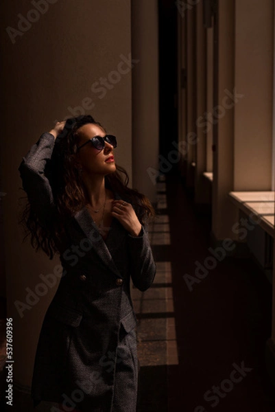 Obraz portrait of a woman.  A young attractive woman in sunglasses stands by a pillar of a building and looks out the sunny window.
