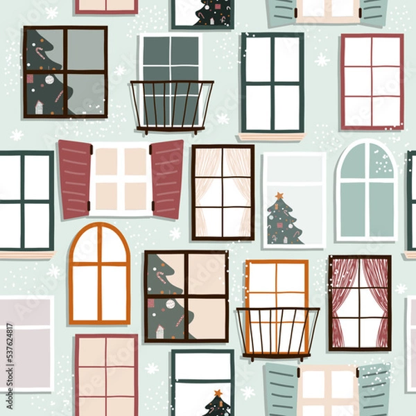 Fototapeta Merry Christmas and Happy New Year seamless pattern. Cute winter print with windows. Vector hand drawn illustration.