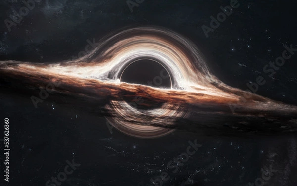Obraz 3D illustration of Black hole absorbing light in deep space. 5K realistic science fiction art. Elements of image provided by Nasa