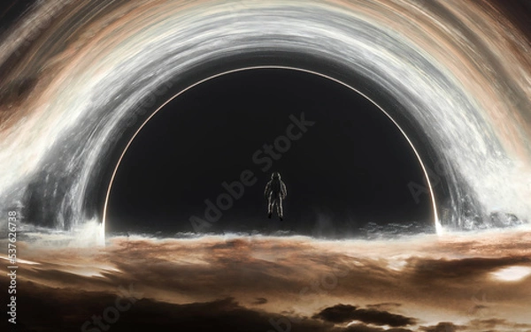 Obraz 3D illustration of Astronaut looks at black hole and event horizon. 5K realistic science fiction art. Elements of image provided by Nasa