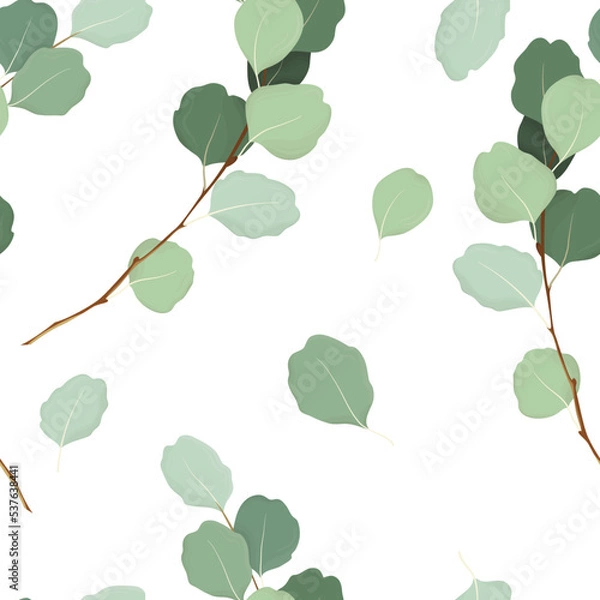 Fototapeta Pattern of tree branches and leaves. Seamless pattern. Leaves. White background.