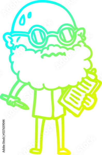 Fototapeta cold gradient line drawing of a cartoon worried man with beard and sunglasses taking survey