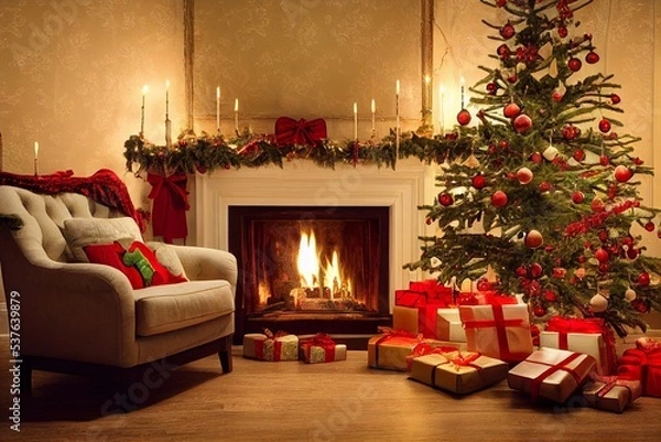 Fototapeta View of the room with a fireplace. Festive decorations and a Christmas tree.