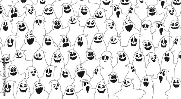Fototapeta Cartoon halloween ghosts pattern. White vector background with creepy spooks emotions and face expressions. Monochrome ornament for wrapping paper, web design or greeting card with funny phantoms